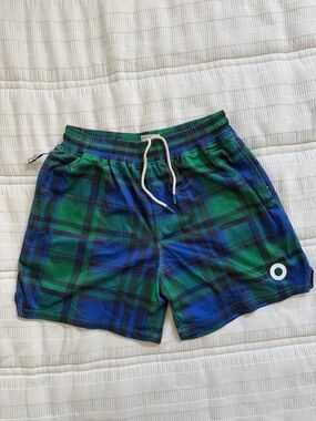 Men's Athletic Plaid Swim Shorts - Green Blue